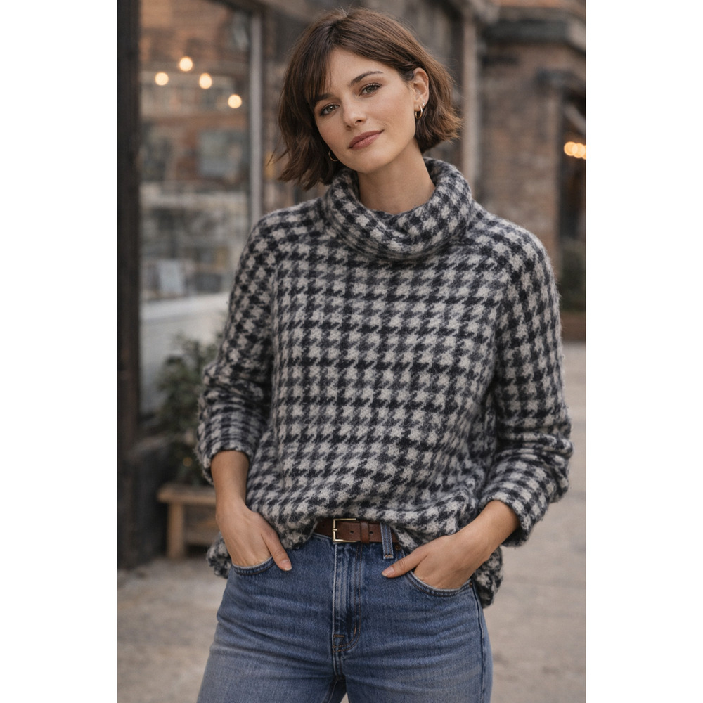 Madewell Merino Wool Blend Houndstooth Sweater Large Black Gray Funnel Neck Cozy